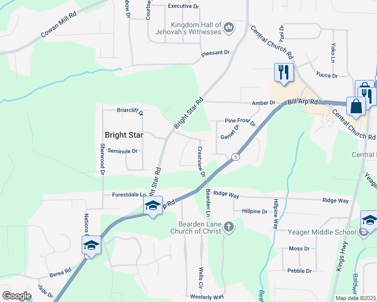 map of restaurants, bars, coffee shops, grocery stores, and more near 16 Crestview Drive in Douglasville