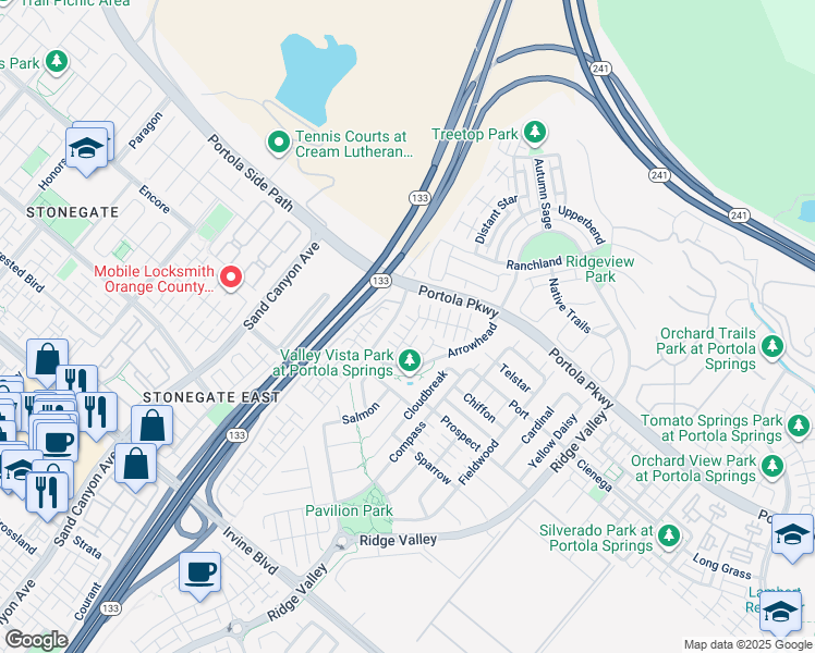 map of restaurants, bars, coffee shops, grocery stores, and more near 145 Bright Poppy in Irvine