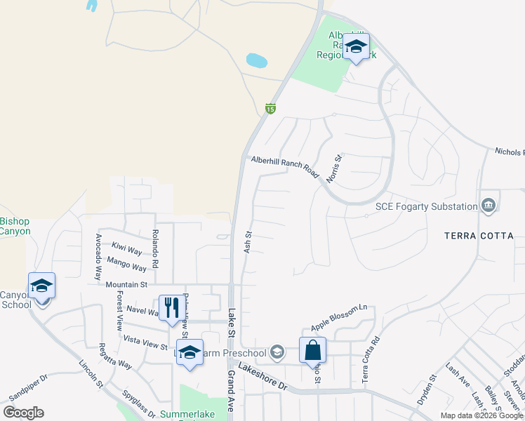 map of restaurants, bars, coffee shops, grocery stores, and more near 3355 Fern Circle in Lake Elsinore