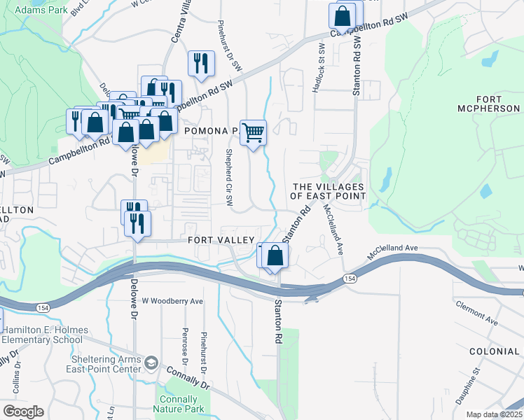 map of restaurants, bars, coffee shops, grocery stores, and more near 3124 Fort Valley Drive Southwest in Atlanta