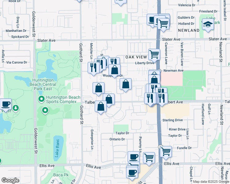 map of restaurants, bars, coffee shops, grocery stores, and more near 17998 Brookshire Lane in Huntington Beach