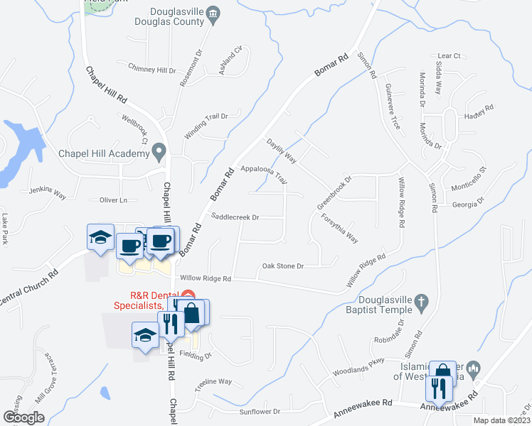map of restaurants, bars, coffee shops, grocery stores, and more near 3872 Saddlecreek Drive in Douglasville