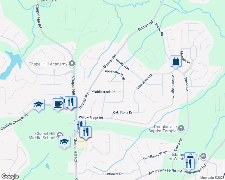 map of restaurants, bars, coffee shops, grocery stores, and more near 3885 Saddlecreek Drive in Douglasville