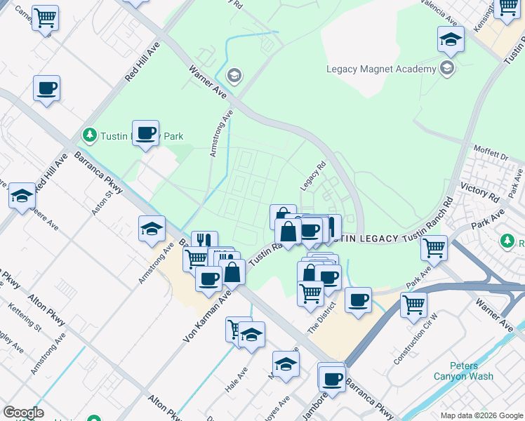map of restaurants, bars, coffee shops, grocery stores, and more near 16321 Dawn Way in Tustin