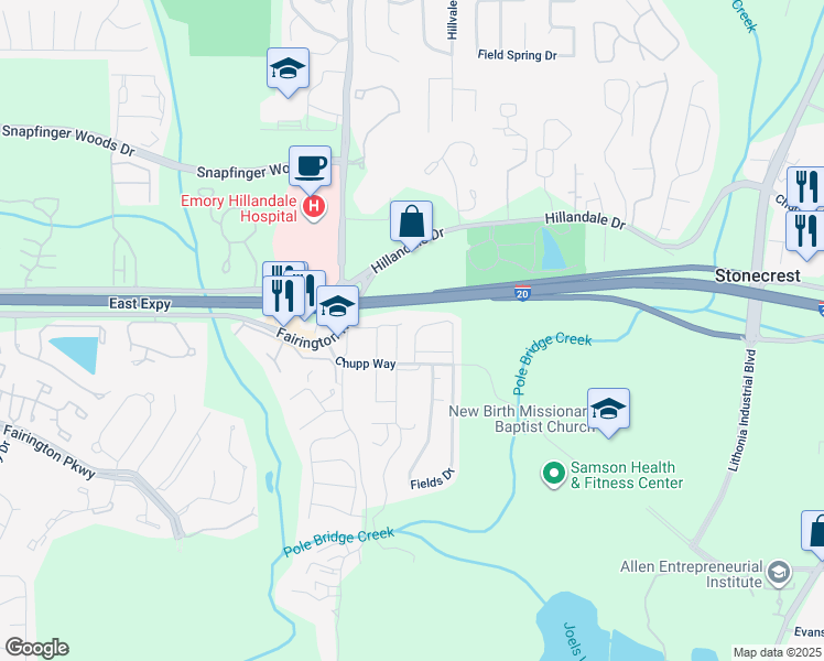 map of restaurants, bars, coffee shops, grocery stores, and more near 5077 Chupp Way Circle in Lithonia