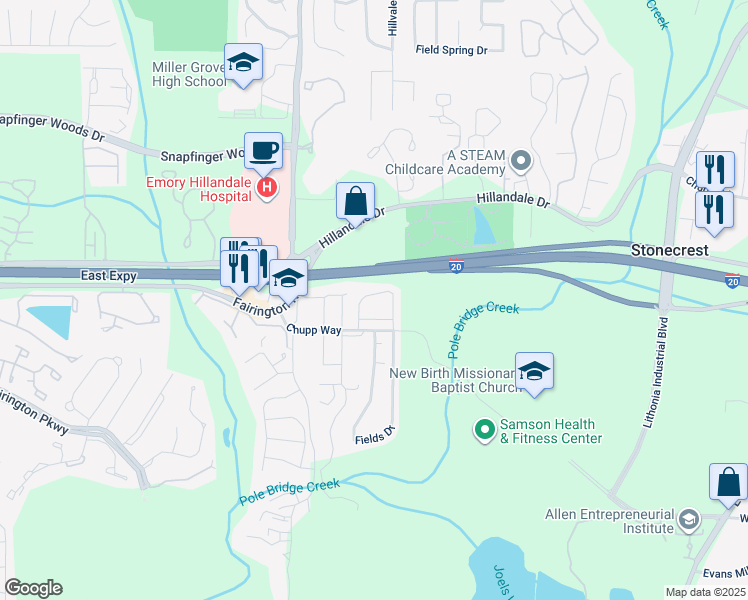 map of restaurants, bars, coffee shops, grocery stores, and more near 5084 Chupp Way Circle in Stonecrest