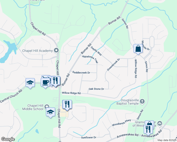 map of restaurants, bars, coffee shops, grocery stores, and more near 3876 Saddlecreek Drive in Douglasville