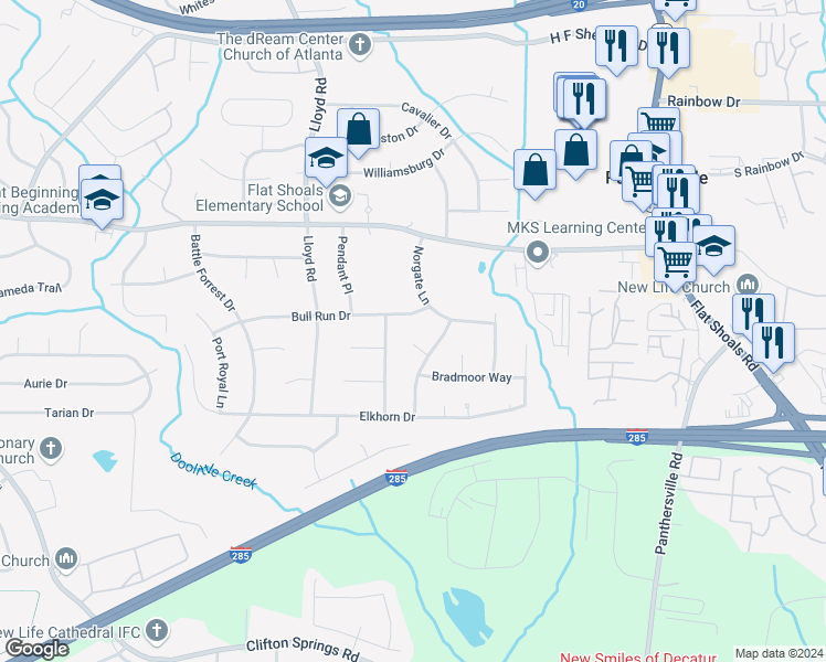 map of restaurants, bars, coffee shops, grocery stores, and more near 2650 Gwendon Court in Decatur