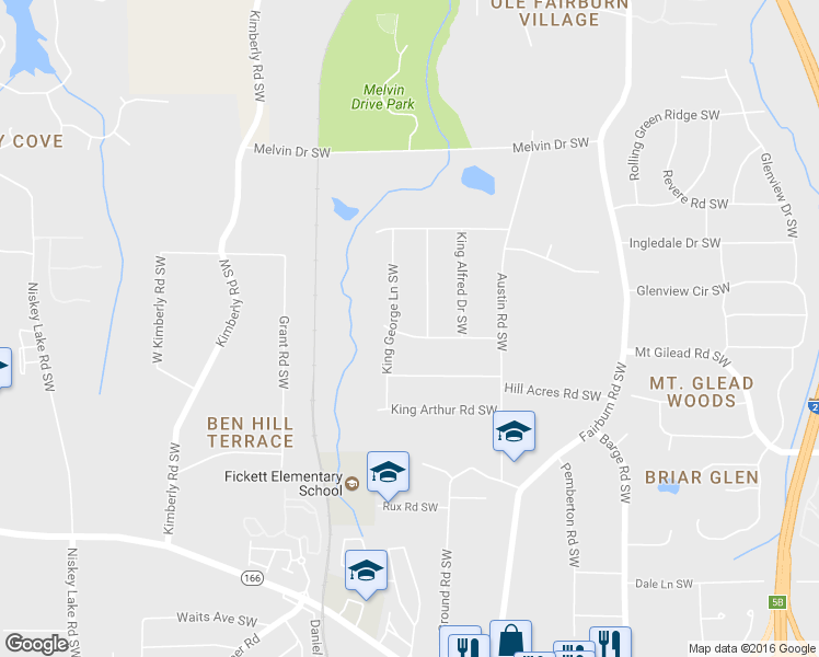 map of restaurants, bars, coffee shops, grocery stores, and more near 3849 King Henry Road Southwest in Atlanta