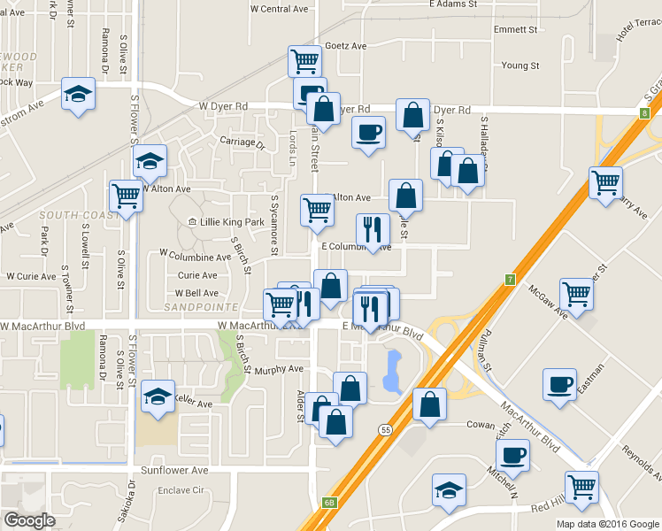 map of restaurants, bars, coffee shops, grocery stores, and more near 3411 South Main Street in Santa Ana