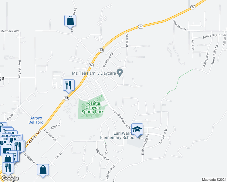 map of restaurants, bars, coffee shops, grocery stores, and more near 45043 Bronze Star Road in Lake Elsinore