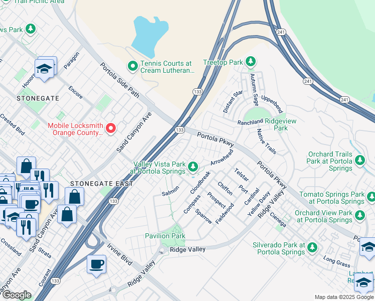 map of restaurants, bars, coffee shops, grocery stores, and more near 145 Bright Poppy in Irvine