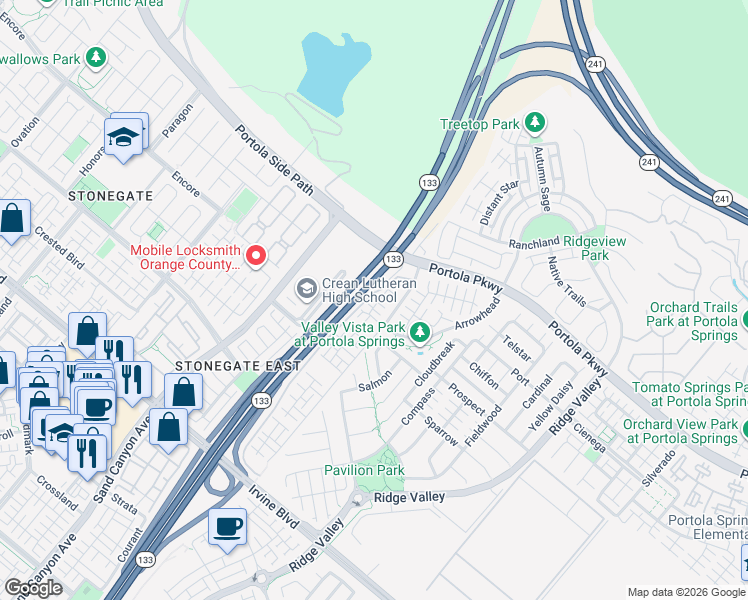 map of restaurants, bars, coffee shops, grocery stores, and more near 107 Kestrel in Irvine
