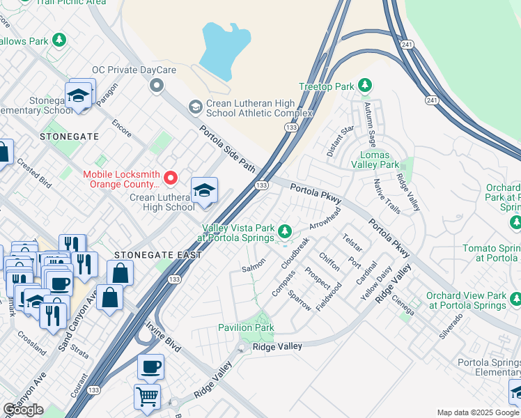 map of restaurants, bars, coffee shops, grocery stores, and more near 94 Kestrel in Irvine