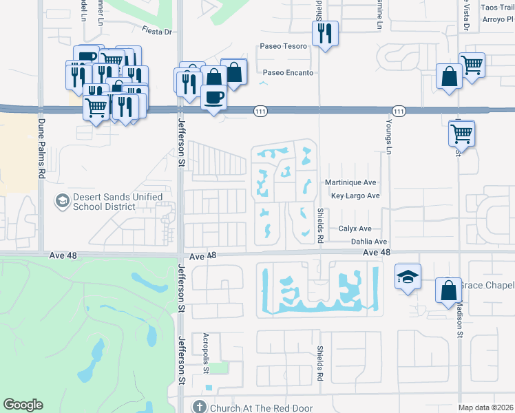 map of restaurants, bars, coffee shops, grocery stores, and more near 80394 Avenue 48 in Indio