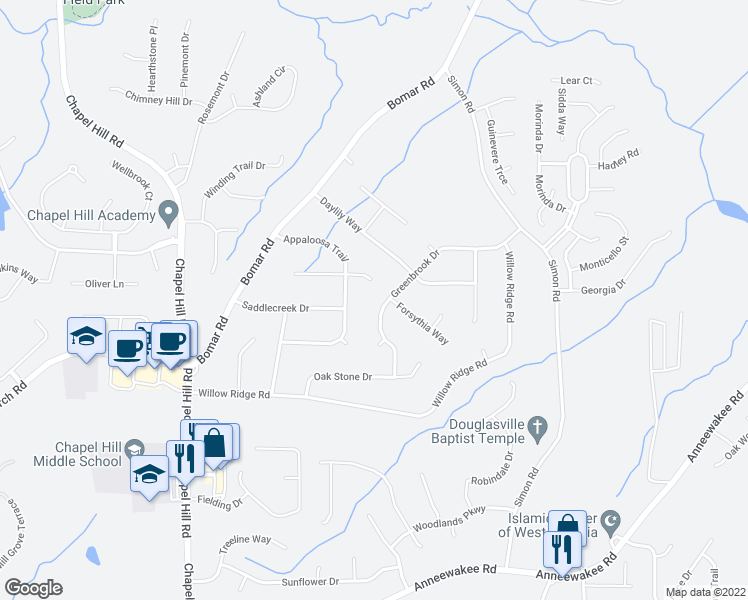 map of restaurants, bars, coffee shops, grocery stores, and more near 3833 Greenbrook Dr in Douglasville