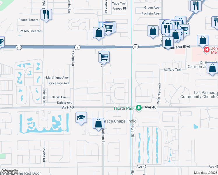 map of restaurants, bars, coffee shops, grocery stores, and more near 47800 Madison Street in Indio