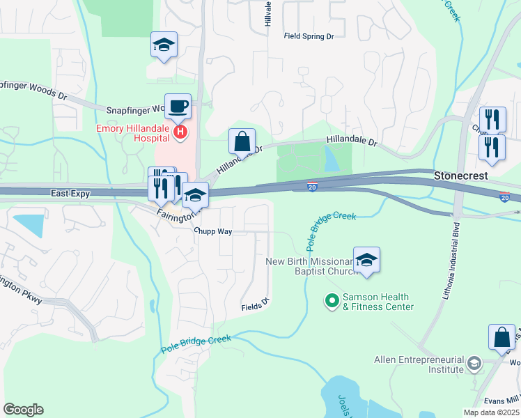 map of restaurants, bars, coffee shops, grocery stores, and more near 5044 Chupp Way Circle in Lithonia