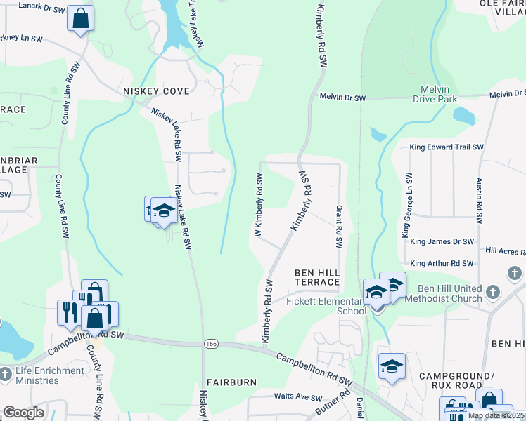 map of restaurants, bars, coffee shops, grocery stores, and more near 1918 West Kimberly Road Southwest in Atlanta
