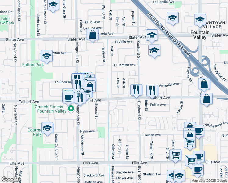map of restaurants, bars, coffee shops, grocery stores, and more near 17940 Oak Street in Fountain Valley