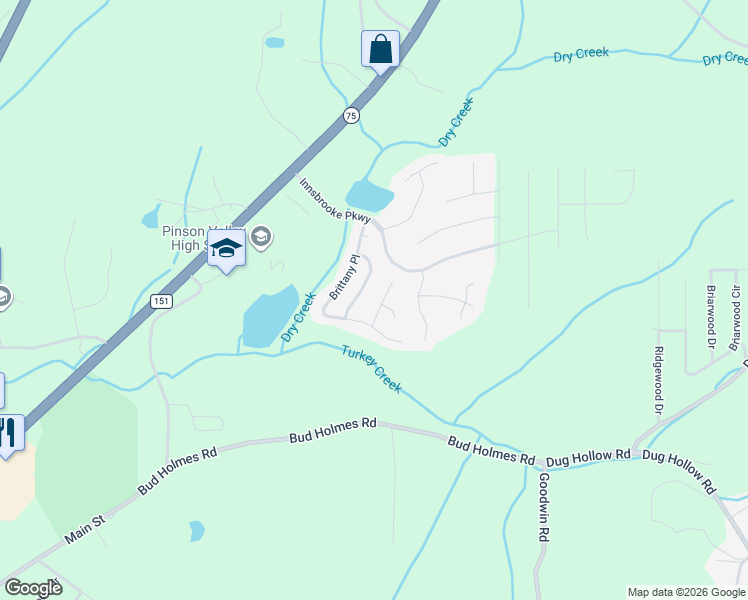 map of restaurants, bars, coffee shops, grocery stores, and more near 6908 Brittany Lane in Pinson
