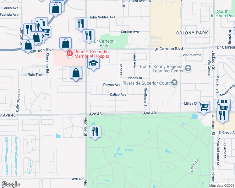 map of restaurants, bars, coffee shops, grocery stores, and more near 82235 Calico Avenue in Indio