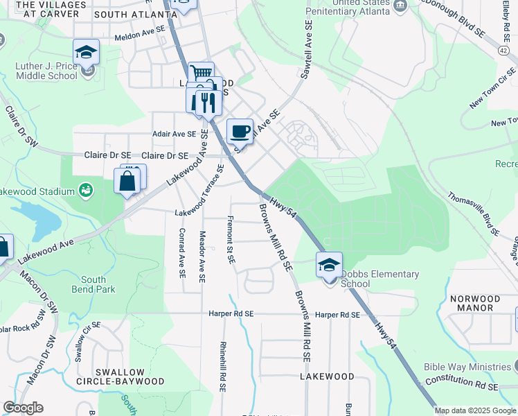 map of restaurants, bars, coffee shops, grocery stores, and more near 1889 Browns Mill Rd SE in Atlanta