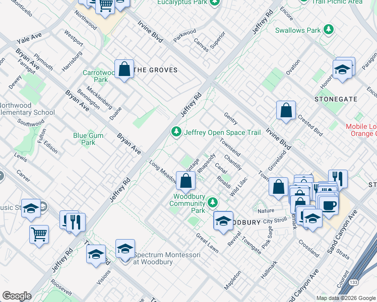 map of restaurants, bars, coffee shops, grocery stores, and more near 42 Enchanted in Irvine