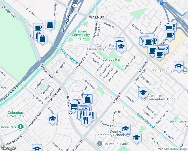 map of restaurants, bars, coffee shops, grocery stores, and more near 3722 Blackthorn Street in Irvine