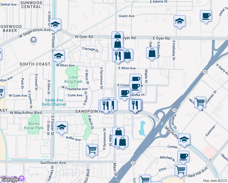 map of restaurants, bars, coffee shops, grocery stores, and more near in Santa Ana