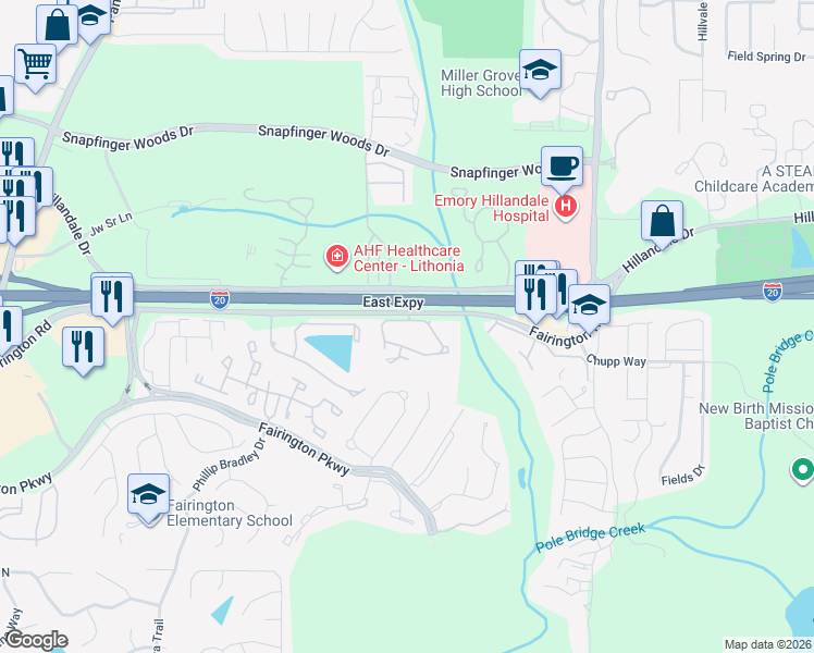 map of restaurants, bars, coffee shops, grocery stores, and more near 34 Willowick Drive in Stonecrest