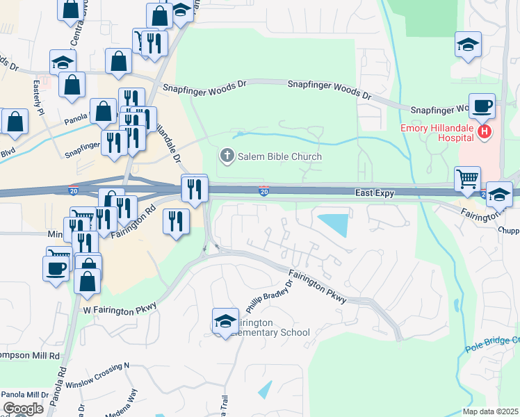 map of restaurants, bars, coffee shops, grocery stores, and more near 71 Place Fontaine in Stonecrest