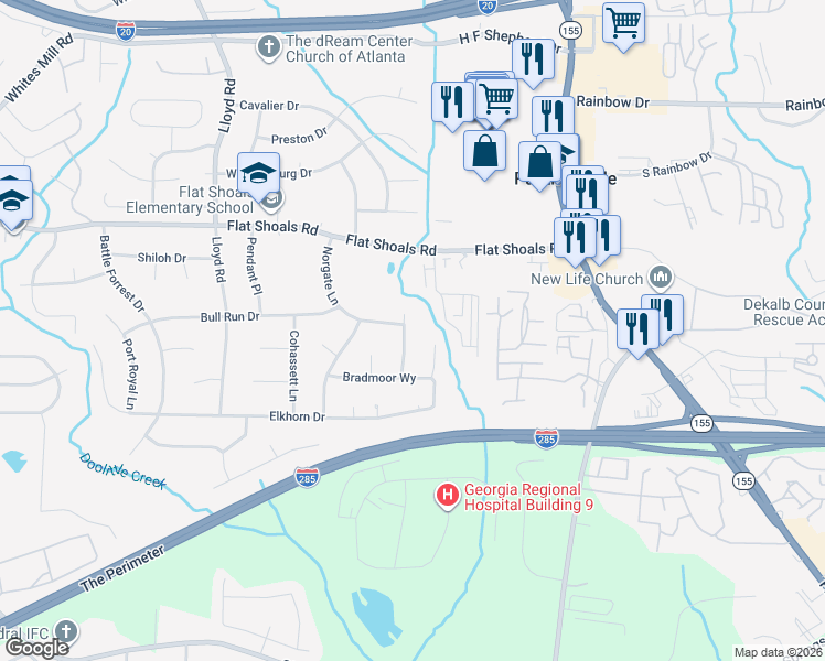 map of restaurants, bars, coffee shops, grocery stores, and more near 2872 Norgate Court in Decatur