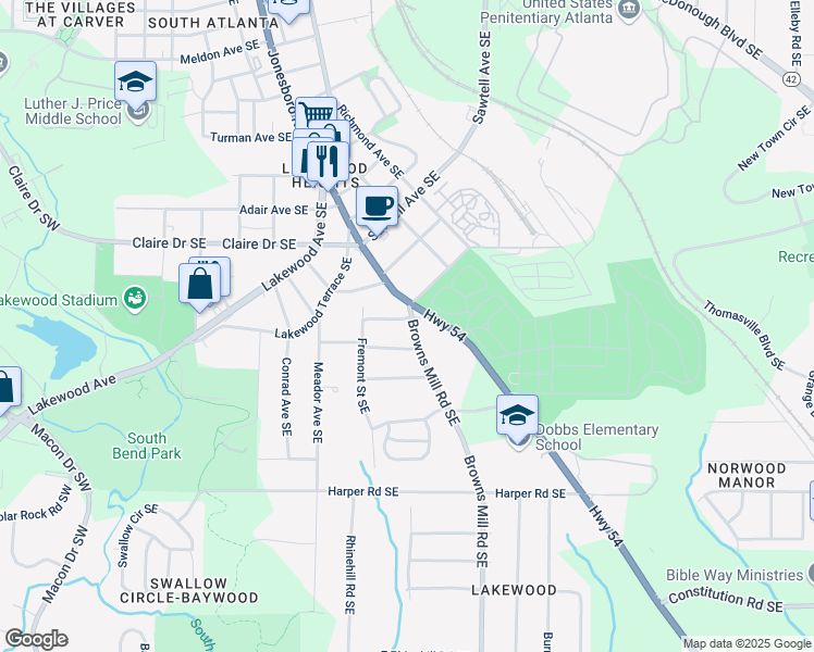 map of restaurants, bars, coffee shops, grocery stores, and more near 1889 Browns Mill Road Southeast in Atlanta