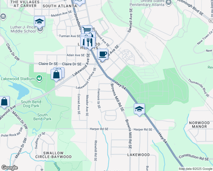 map of restaurants, bars, coffee shops, grocery stores, and more near 338 Troy Street Southeast in Atlanta