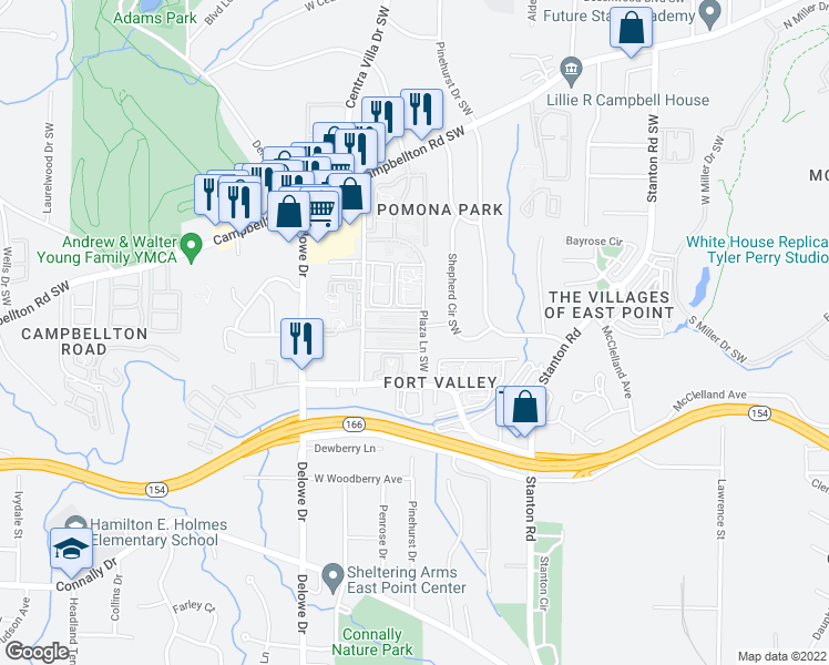 map of restaurants, bars, coffee shops, grocery stores, and more near 400 Plaza Lane Southwest in Atlanta