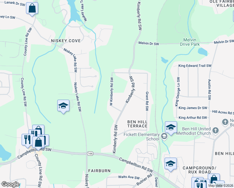 map of restaurants, bars, coffee shops, grocery stores, and more near 1918 West Kimberly Road Southwest in Atlanta