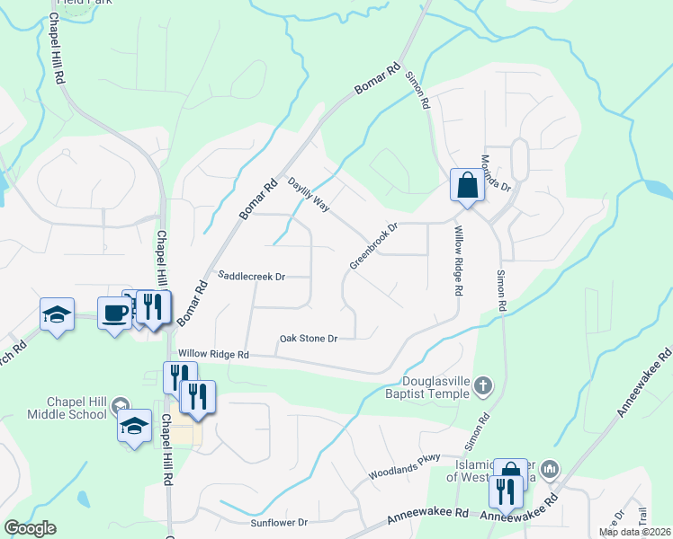 map of restaurants, bars, coffee shops, grocery stores, and more near 3833 Greenbrook Drive in Douglasville