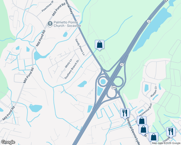 map of restaurants, bars, coffee shops, grocery stores, and more near 4245 Pinto Road in Myrtle Beach