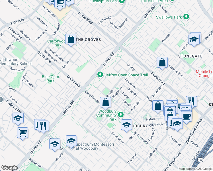 map of restaurants, bars, coffee shops, grocery stores, and more near 29 Triple Leaf in Irvine