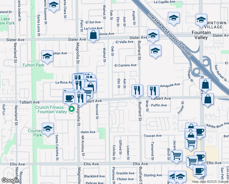 map of restaurants, bars, coffee shops, grocery stores, and more near 17940 Oak Street in Fountain Valley