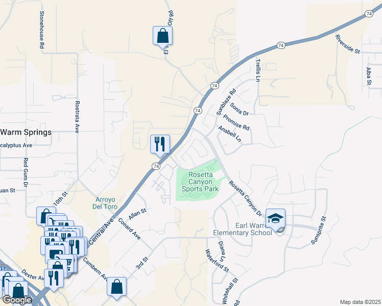 map of restaurants, bars, coffee shops, grocery stores, and more near 39580 Strada Pozzo in Lake Elsinore