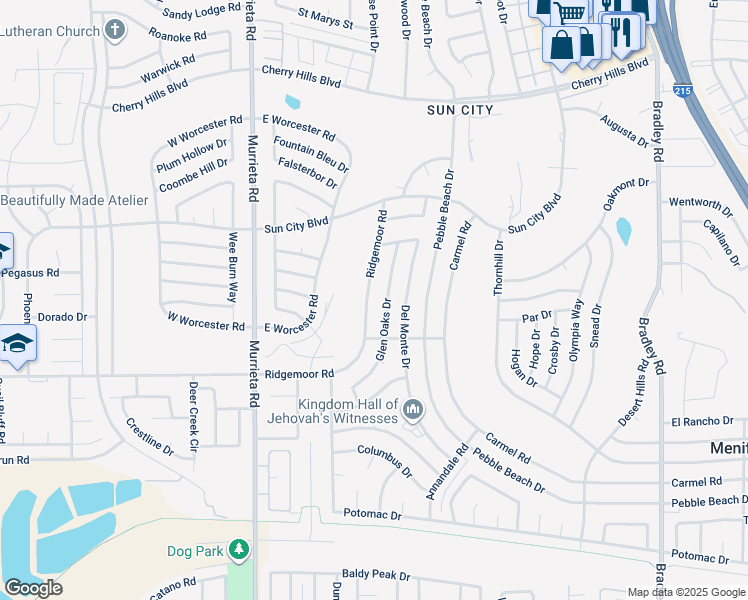 map of restaurants, bars, coffee shops, grocery stores, and more near 26409 Ridgemoor Road in Menifee