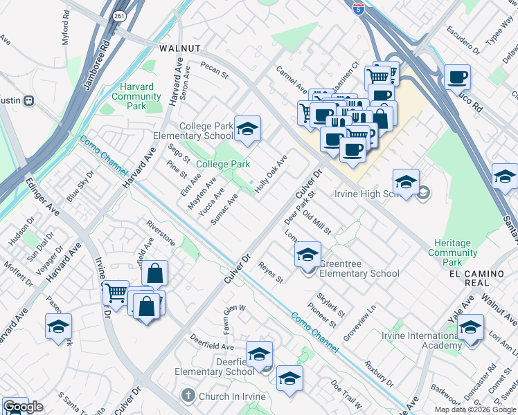 map of restaurants, bars, coffee shops, grocery stores, and more near 3921 Cedron Street in Irvine