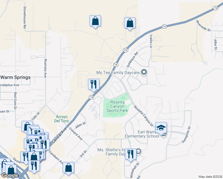 map of restaurants, bars, coffee shops, grocery stores, and more near 39580 Strada Pozzo in Lake Elsinore
