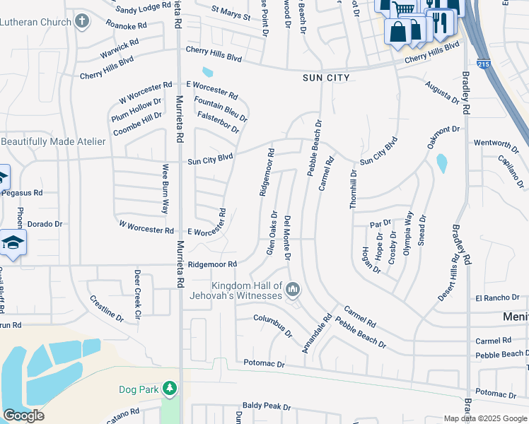 map of restaurants, bars, coffee shops, grocery stores, and more near 26409 Ridgemoor Road in Menifee