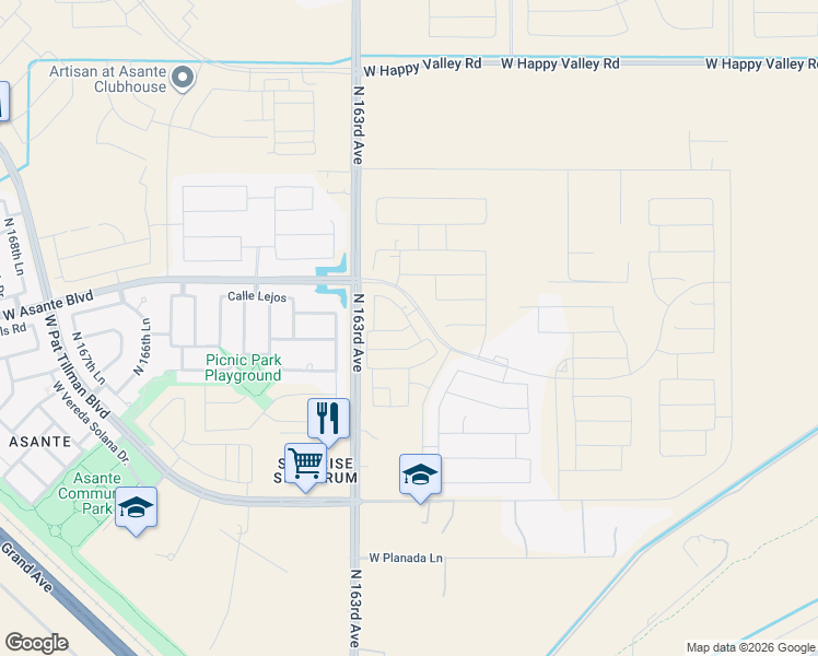 map of restaurants, bars, coffee shops, grocery stores, and more near 16116 West Cielo Grande Avenue in Surprise