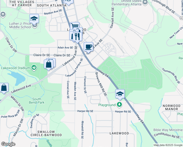 map of restaurants, bars, coffee shops, grocery stores, and more near 338 Troy Street Southeast in Atlanta