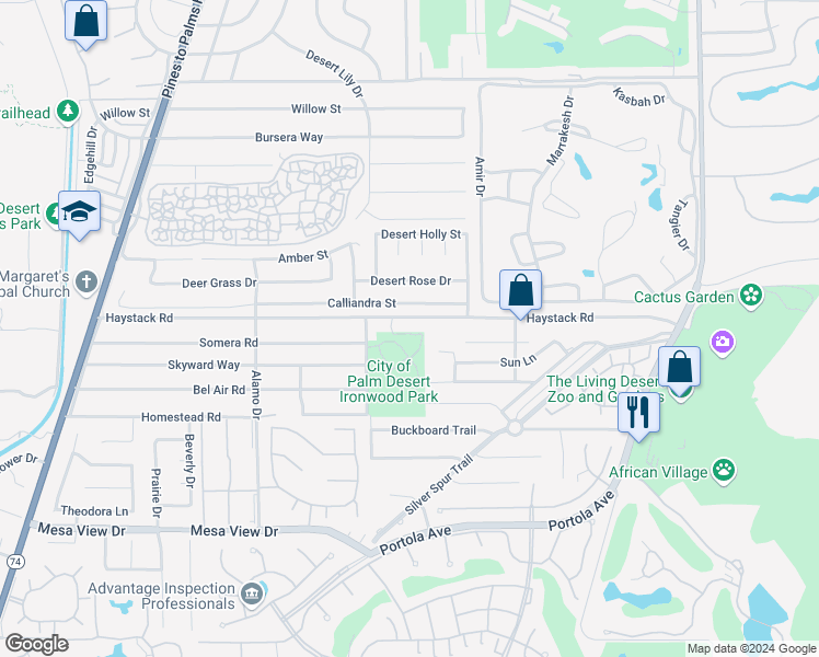 map of restaurants, bars, coffee shops, grocery stores, and more near 73337 Haystack Road in Palm Desert