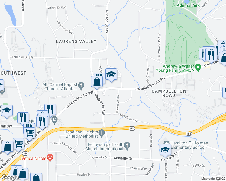 map of restaurants, bars, coffee shops, grocery stores, and more near 2600 Campbellton Road Southwest in Atlanta